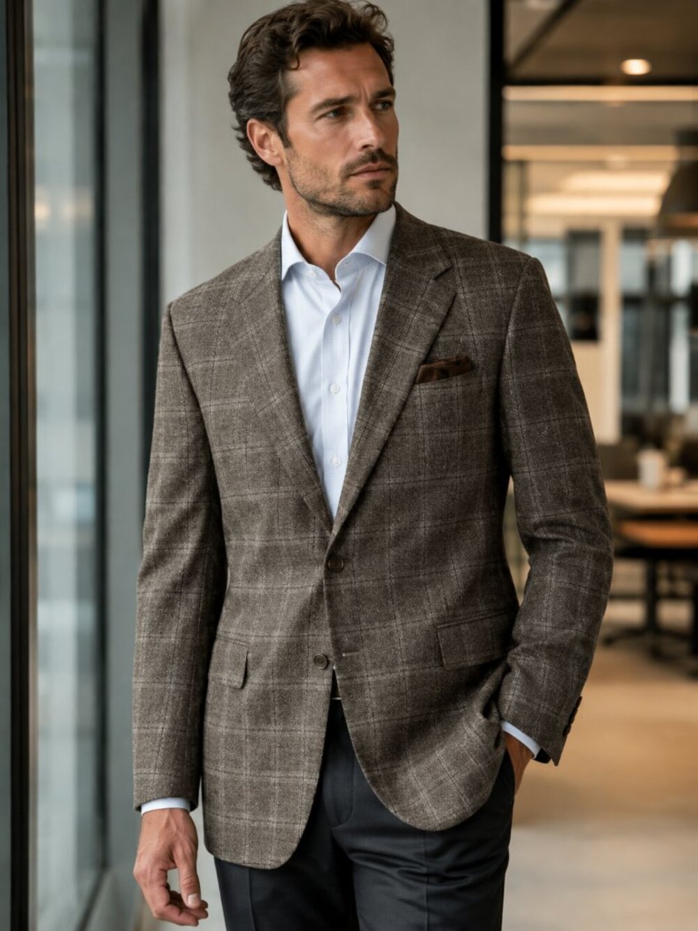 Canali Italy Sport Coat US 40L EU 50 L Pure New Wool Brown Plaid Jacket Flawless